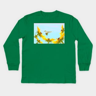 Ruby Throated Hummingbird and Sunflowers Kids Long Sleeve T-Shirt